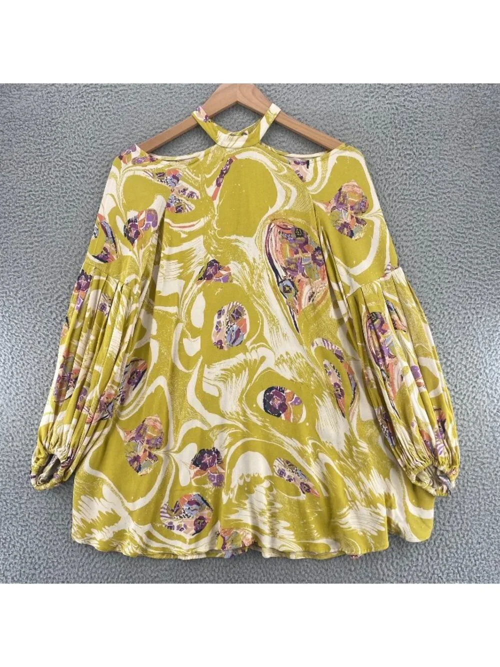 Free People Top Women Extra Small Yellow Floral Cold Shoulder Bell Bishop Sleeve